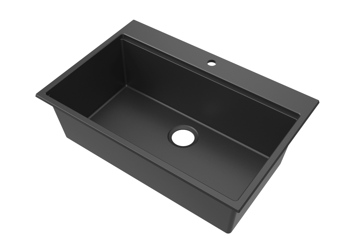 Black quartz composite single bowl kitchen sink with integrated drainboard and faucet hole, SANIKB SN8549B