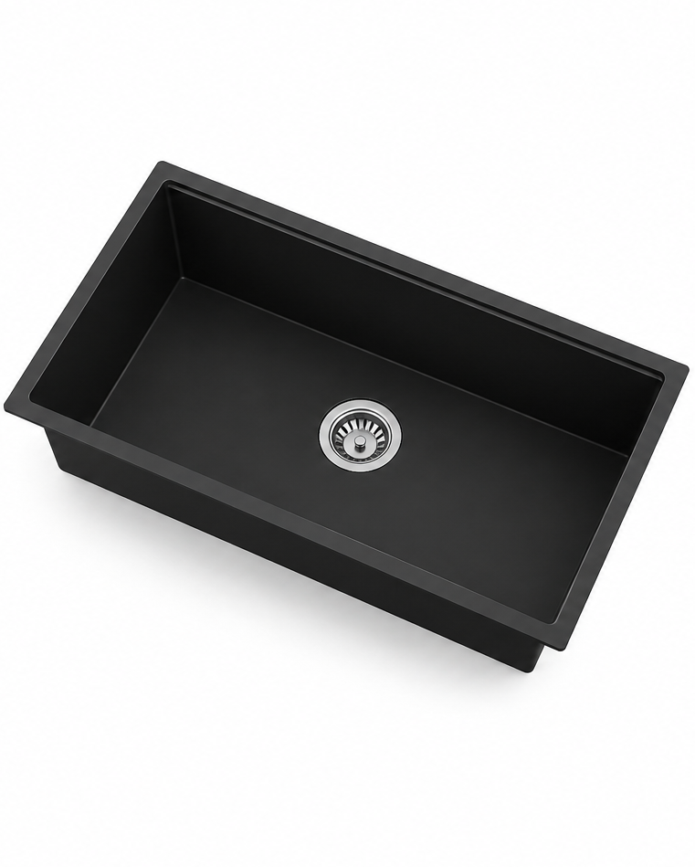 Black rectangular single bowl quartz composite sink with deep basin and drain hardware