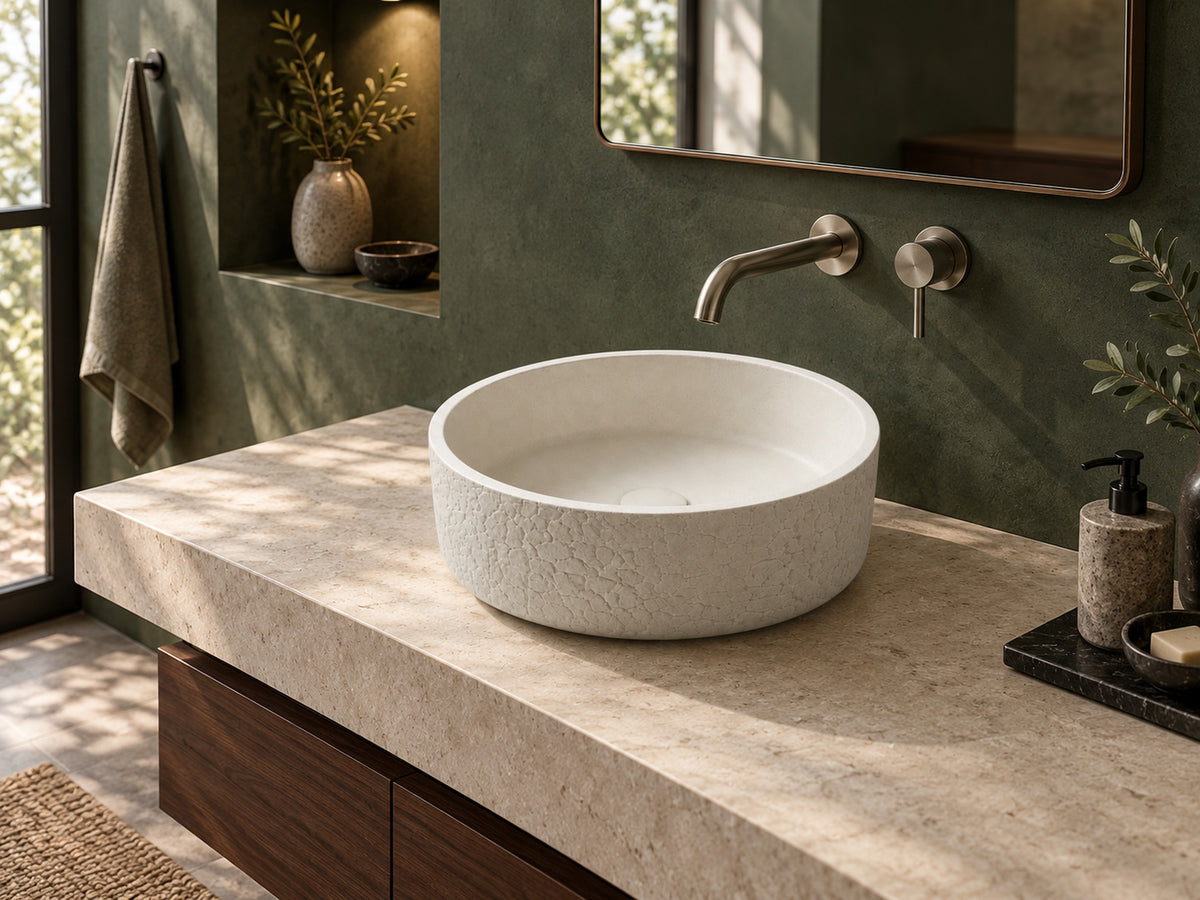 C0012 white concrete vessel sink in a boutique hotel bathroom