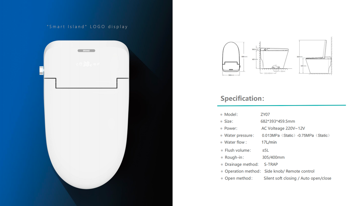 ZY07 smart bidet toilet top view with specification details for OEM and B2B supply