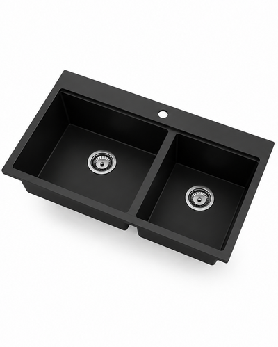 Black 33-inch double bowl quartz composite kitchen sink with single faucet hole and deep dual basins