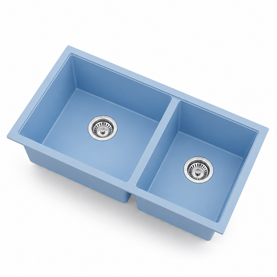 Blue double bowl quartz composite kitchen sink with rectangular basins and stainless steel drain assemblies
