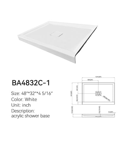 BA4832C-1 48x32 shower base spec drawing, single threshold, center square drain, 48 x 32 x 4-5/16 in, white