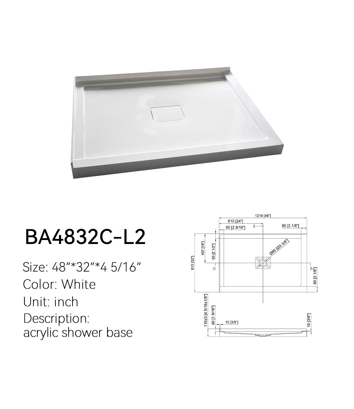 BA4832C-L2 48x32 shower base spec drawing, left L-shape corner, two-side threshold, center drain, white