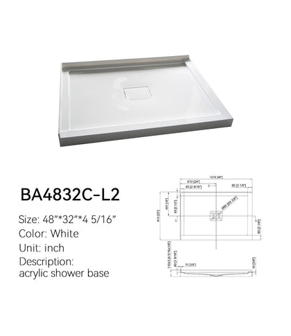 BA4832C-L2 48x32 shower base spec drawing, left L-shape corner, two-side threshold, center drain, white