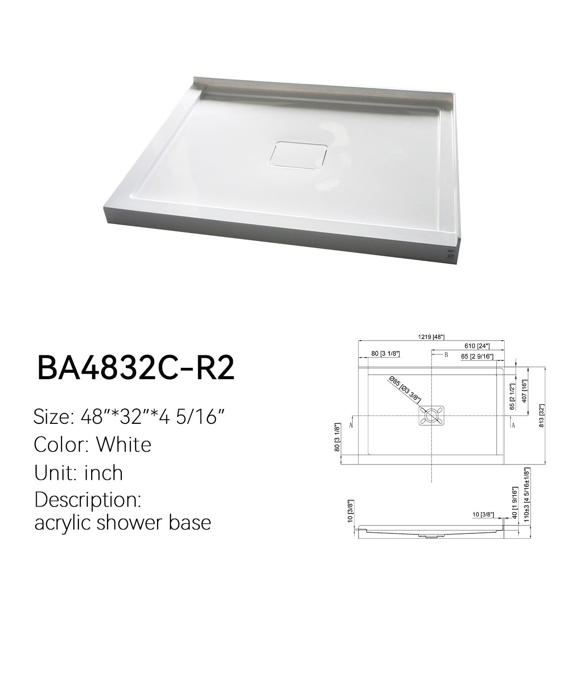 BA4832C-R2 48x32 shower base spec drawing, right L-shape corner, two-side threshold, center drain, white