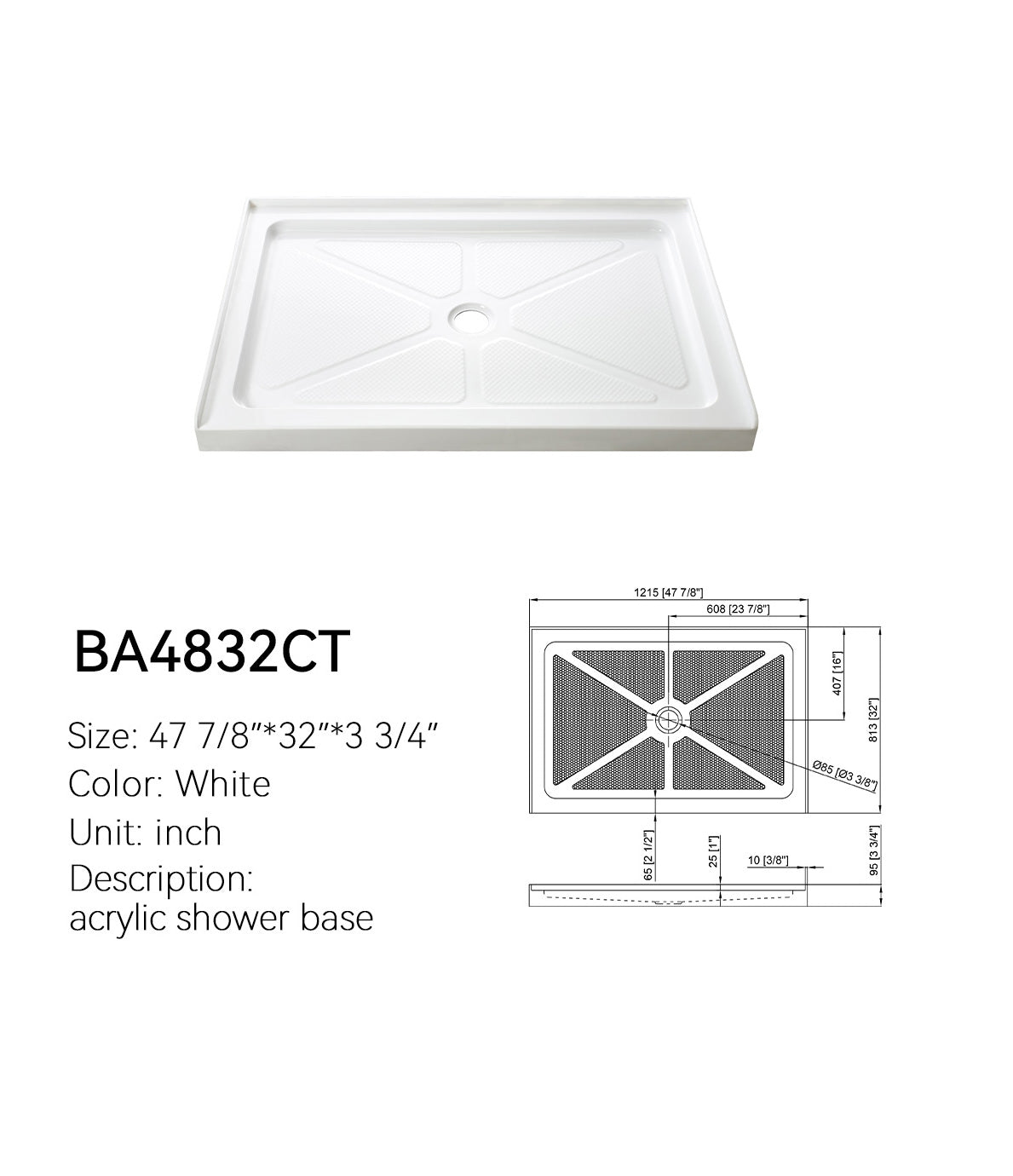 BA4832CT 48x32 shower base spec drawing, T-shape three-side threshold, center drain, anti-slip floor, white
