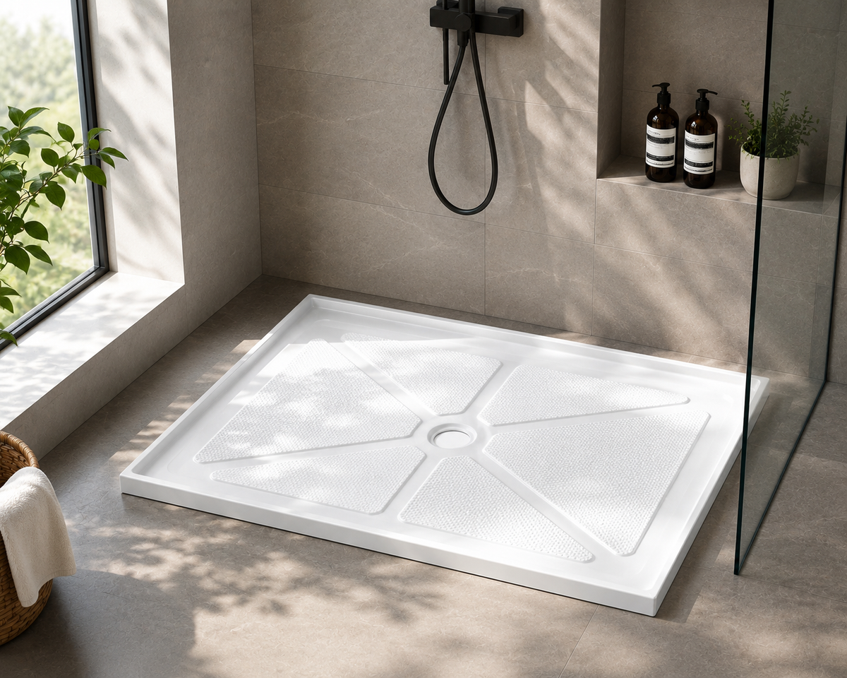 SANIKB BA4834CT 48 x 34 shower base installed in a tiled alcove with a center drain and black fixtures