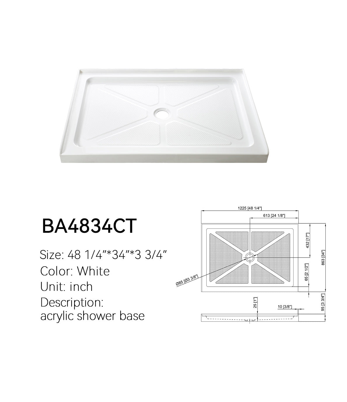 BA4834CT 48x34 shower pan dimension drawing: 48 1/4 x 34 x 3 3/4 in, center drain, white