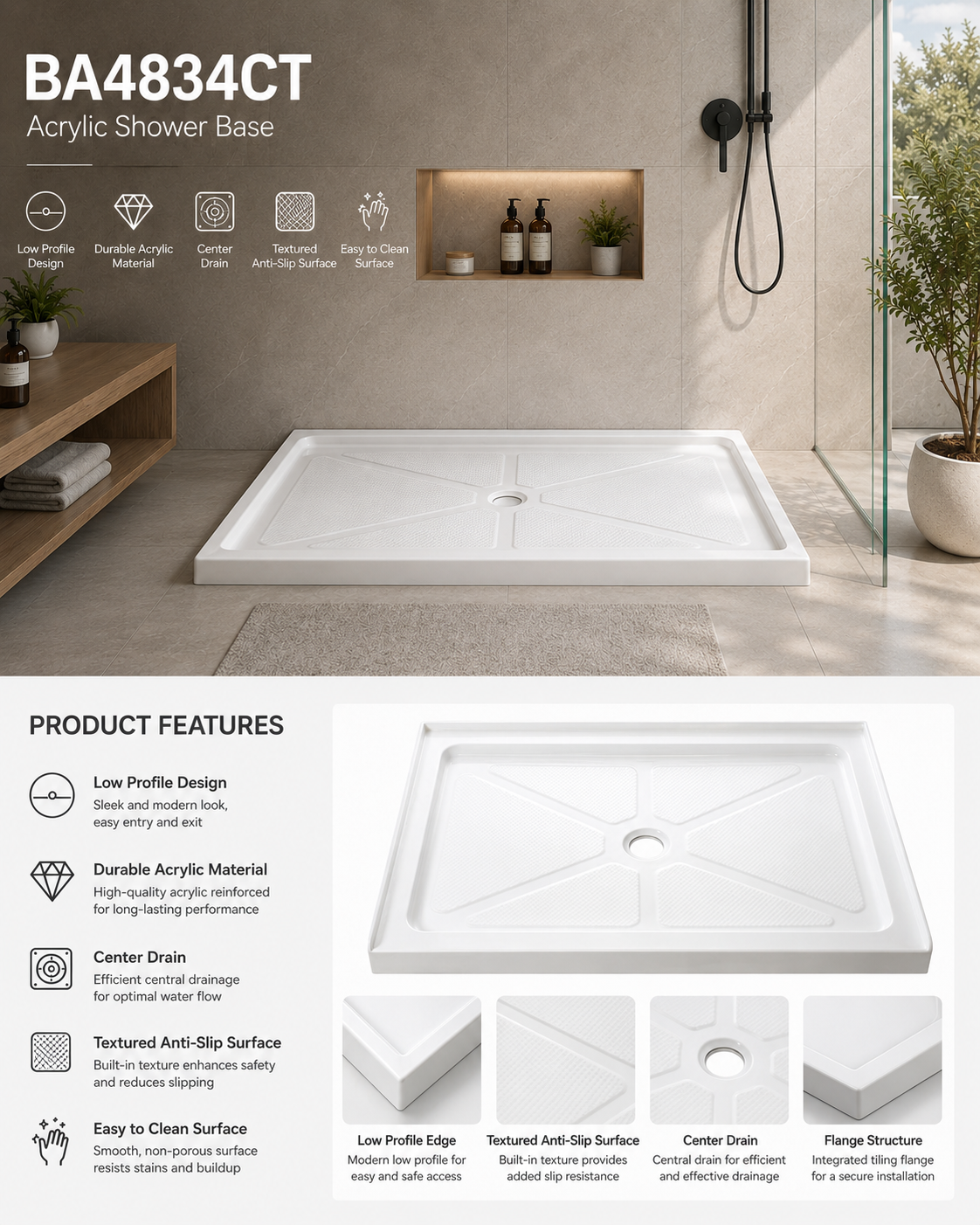 BA4834CT 48 x 34 shower base feature graphic: low profile, center drain, anti-slip textured surface