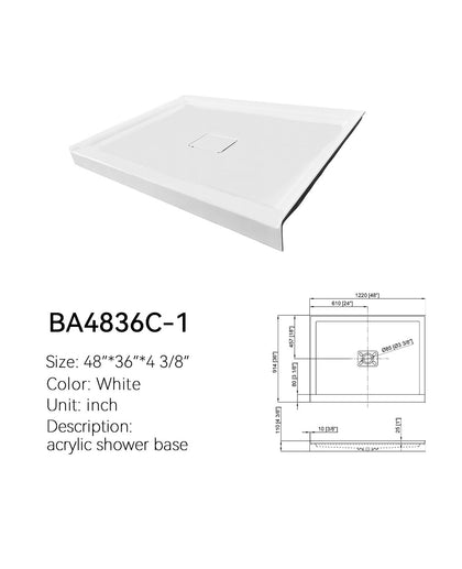 BA4836C-1 48 x 36 shower base, white, single-threshold alcove, center drain, with measured dimension drawing