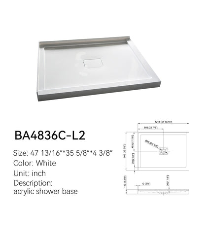 BA4836C-L2 48 x 36 shower base, white, left L-shaped corner threshold, center drain, with dimension drawing