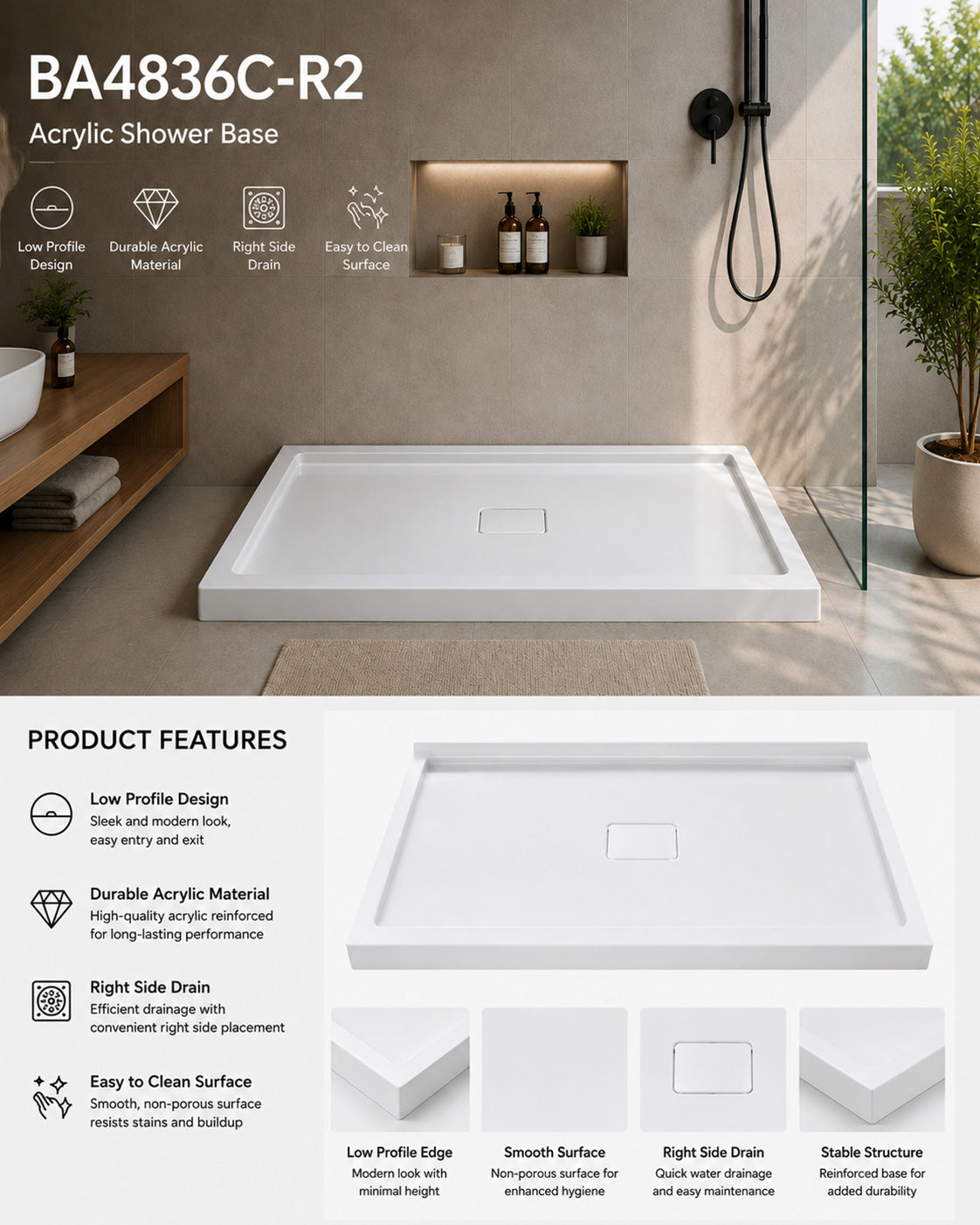 BA4836C-R2 48 x 36 shower base feature overview: low-profile design, durable surface, easy-clean, corner threshold