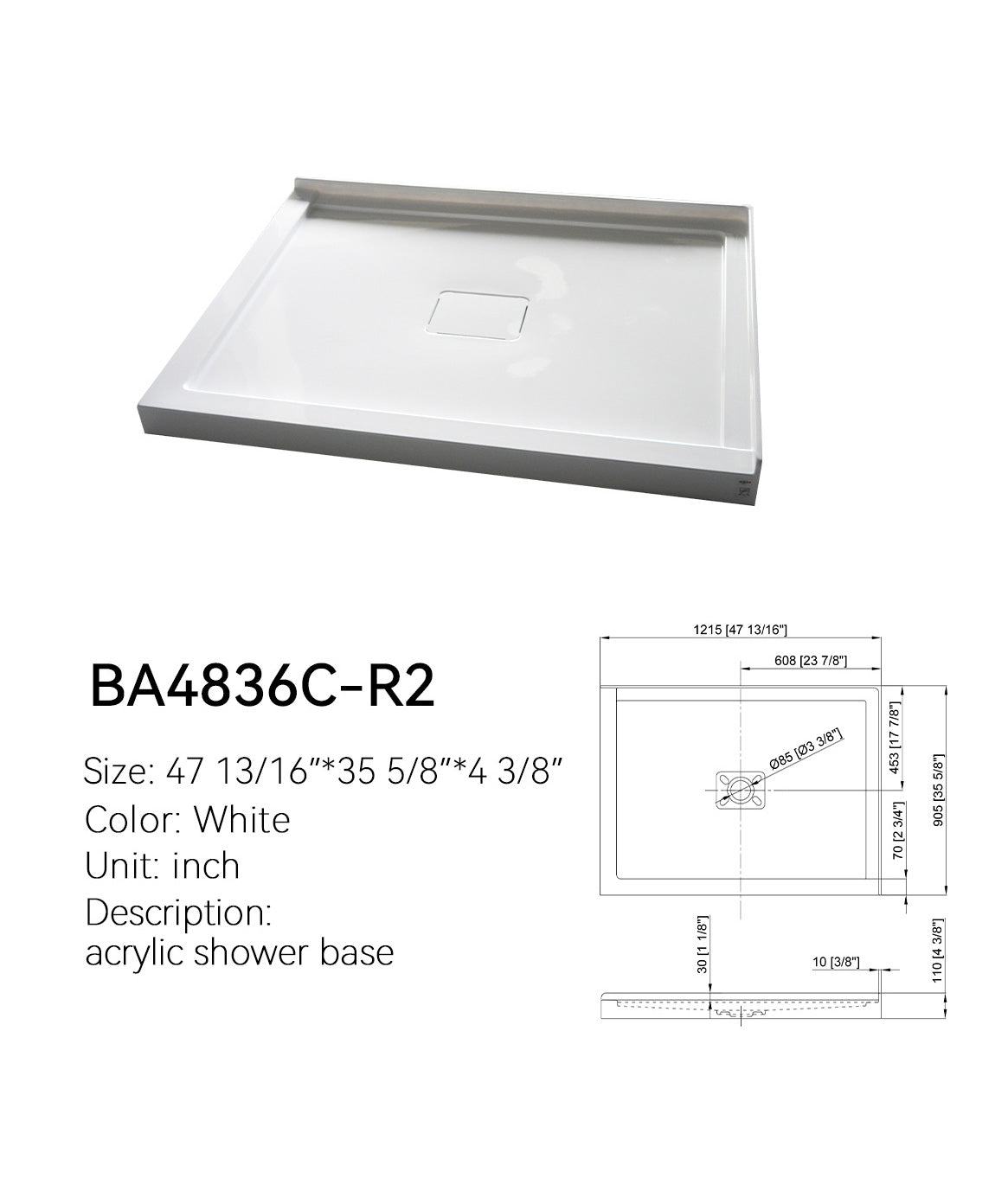BA4836C-R2 48 x 36 shower base, white, right L-shaped corner threshold, center drain, with dimension drawing