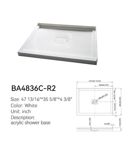 BA4836C-R2 48 x 36 shower base, white, right L-shaped corner threshold, center drain, with dimension drawing