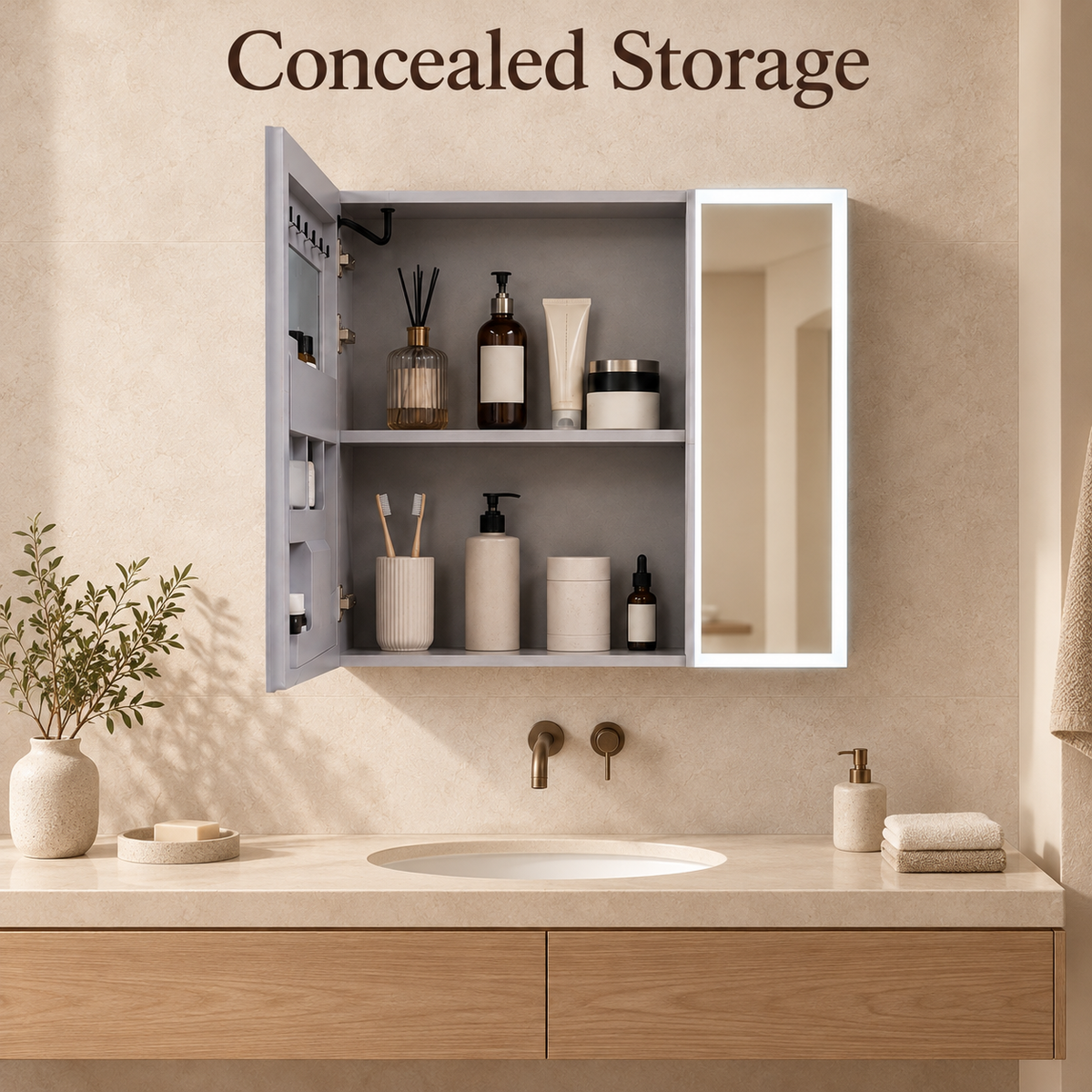SANIKB KSJG-3028 LED mirror cabinet with concealed storage