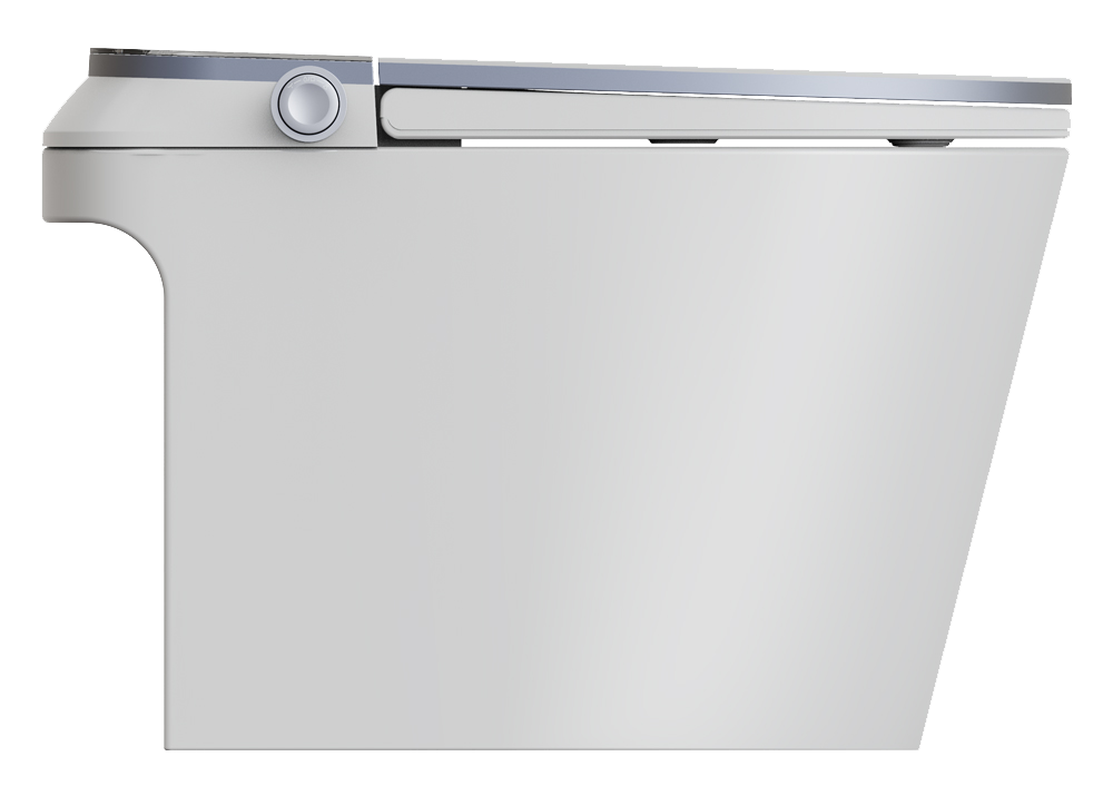 Left side view of ZY03 automatic flush smart toilet with slim profile, side control knob, and modern tankless one-piece design