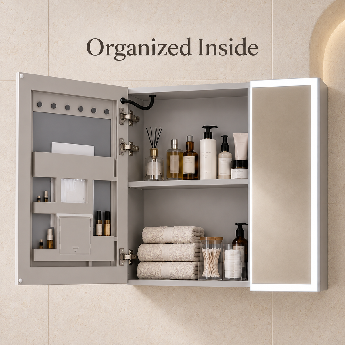 SANIKB KSJG-3028 LED mirror cabinet with interior shelves and door details
