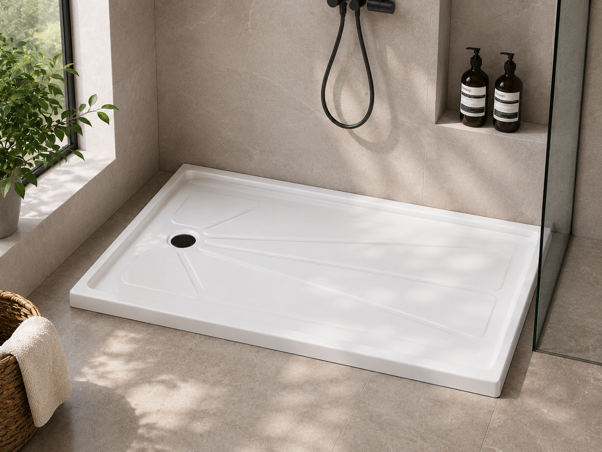 SANIKB BA6030L 60 x 30 shower base with left drain installed in a tiled alcove with black fixtures and glass panel