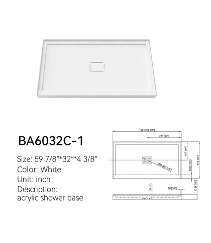 BA6032C-1 white acrylic 60x32 shower base, center drain single-threshold alcove, with dimension drawing