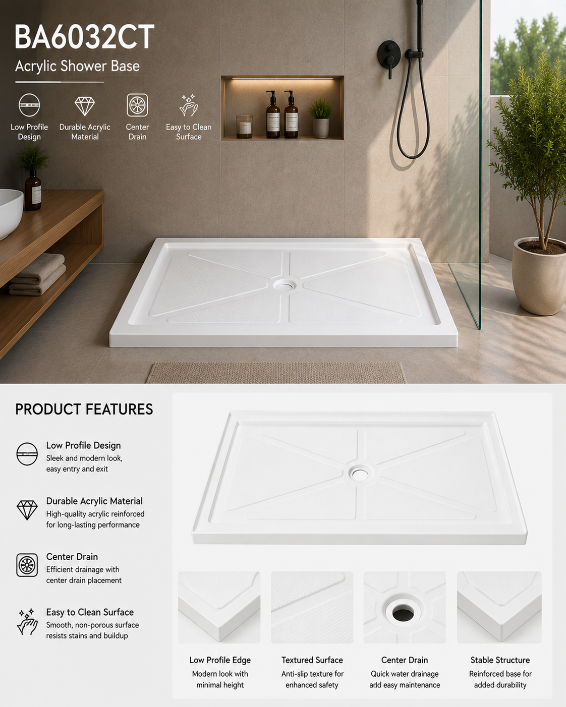 BA6032CT 60x32 shower base features: low-profile acrylic, center drain, anti-slip textured floor