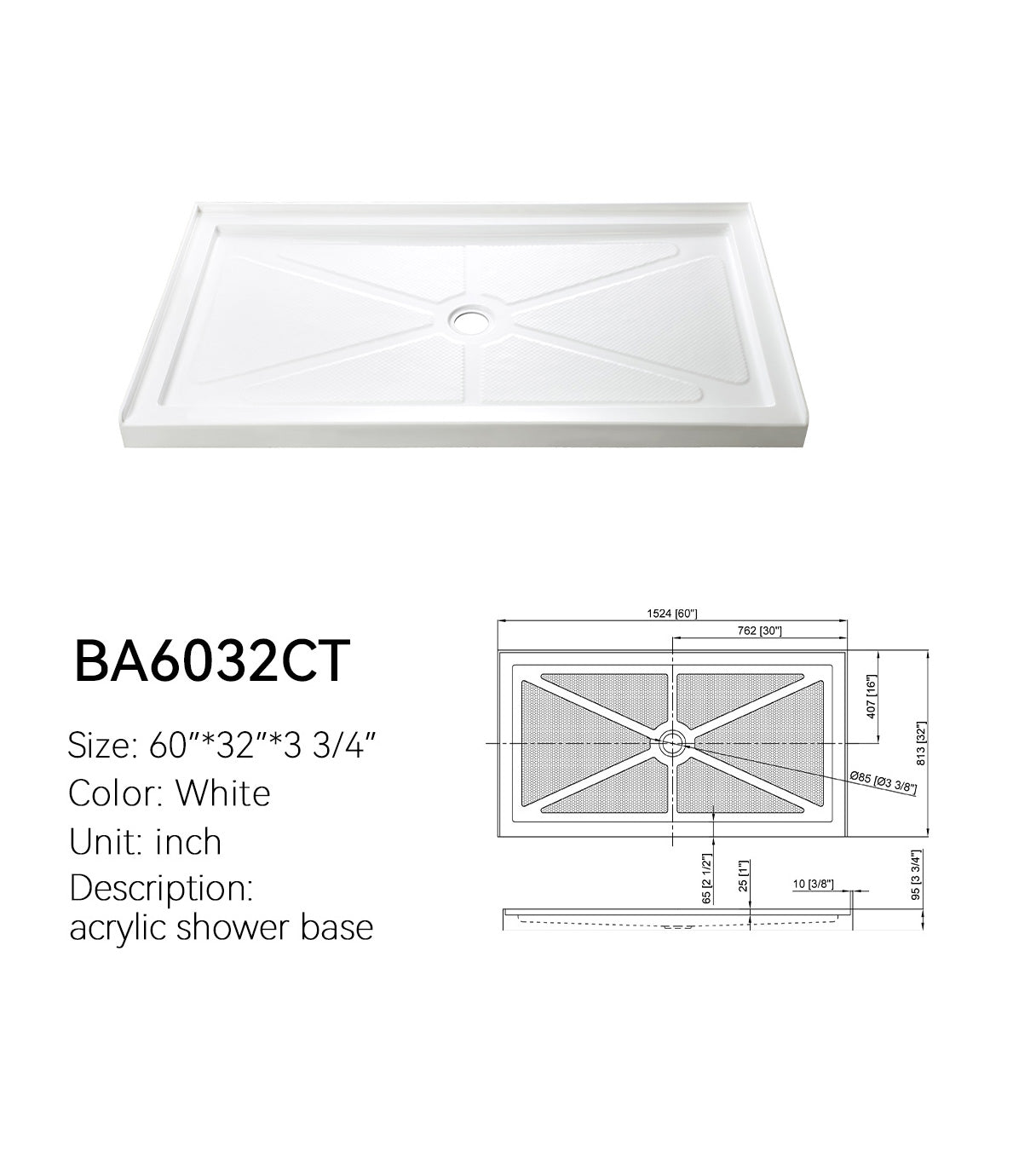 BA6032CT white acrylic 60x32 shower pan, center drain T-shape 3-side threshold, with dimension drawing