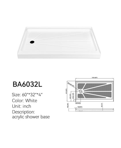 BA6032L white acrylic 60x32 shower base, left drain single-threshold alcove, with dimension drawing