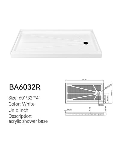 BA6032R white acrylic 60x32 shower pan, right drain single-threshold alcove, with dimension drawing