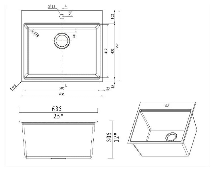 SANIKB SN6459 quartz composite drop-in sink — dimension drawing