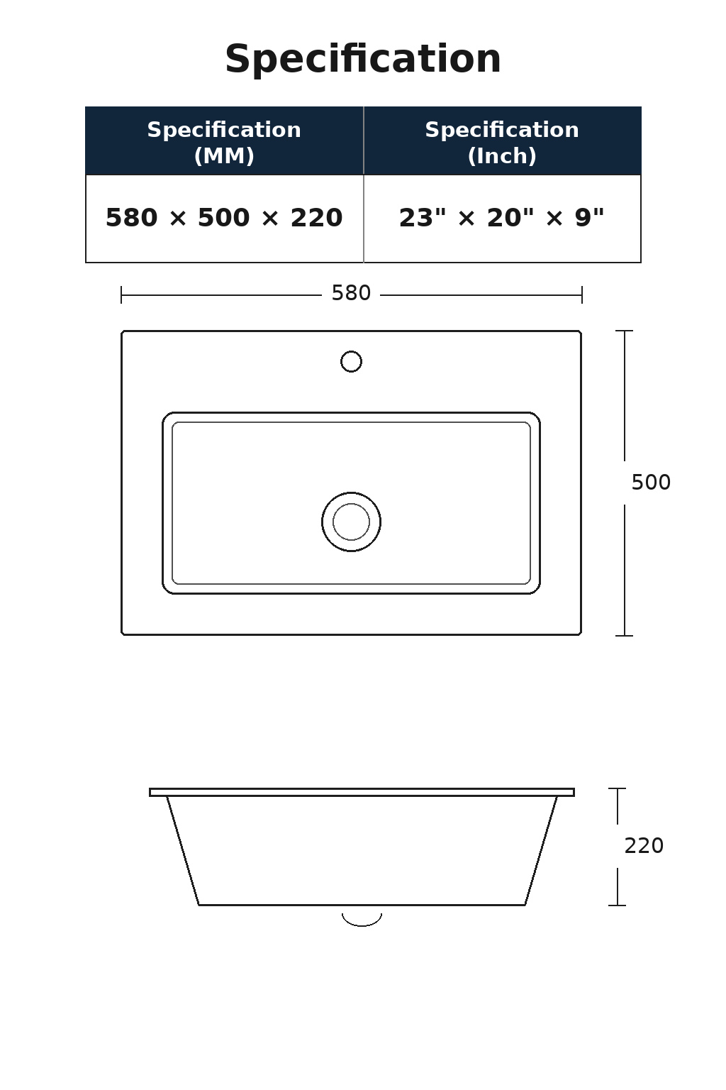 Specification diagram for 23 x 20 x 9 inch black drop-in quartz composite sink with 580 x 500 x 220 mm dimensions