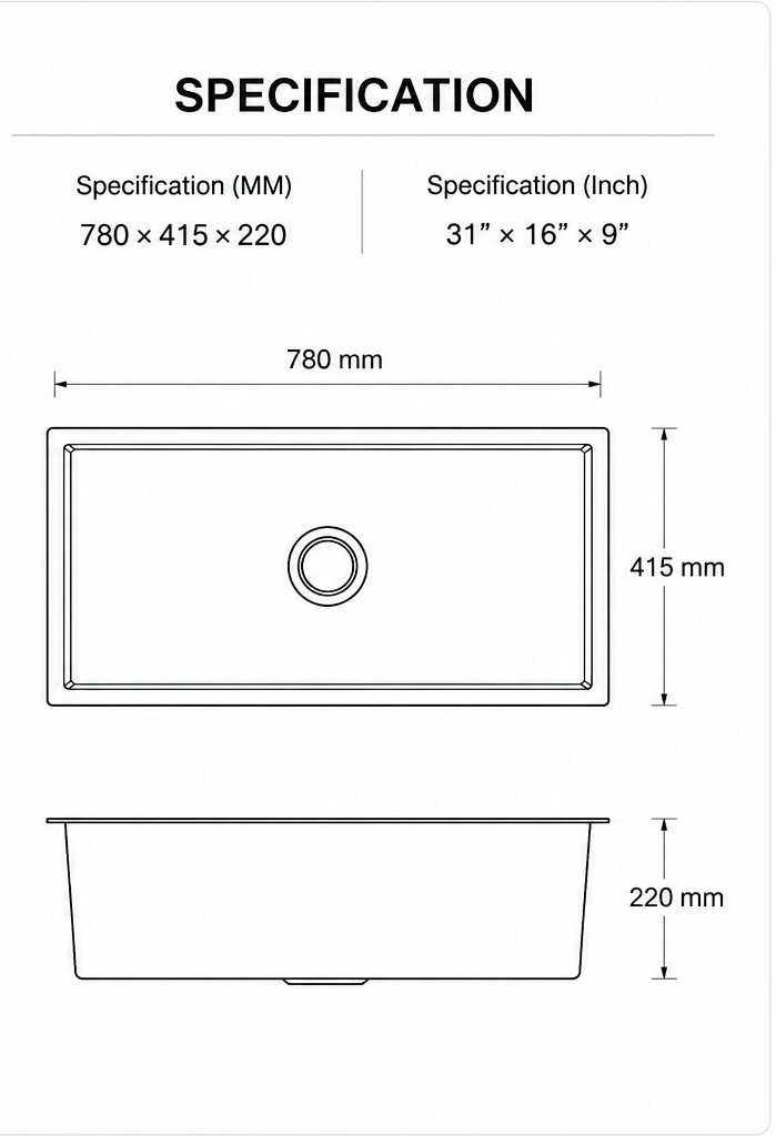 Specification diagram for 31 x 16 x 9 inch green quartz composite single bowl sink