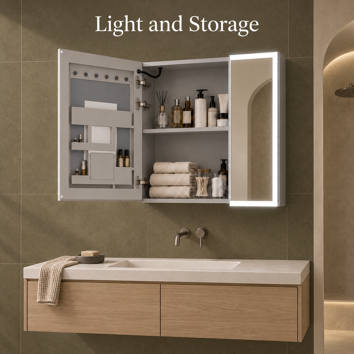 SANIKB KSJG-3028 open LED mirror cabinet with lighting and storage