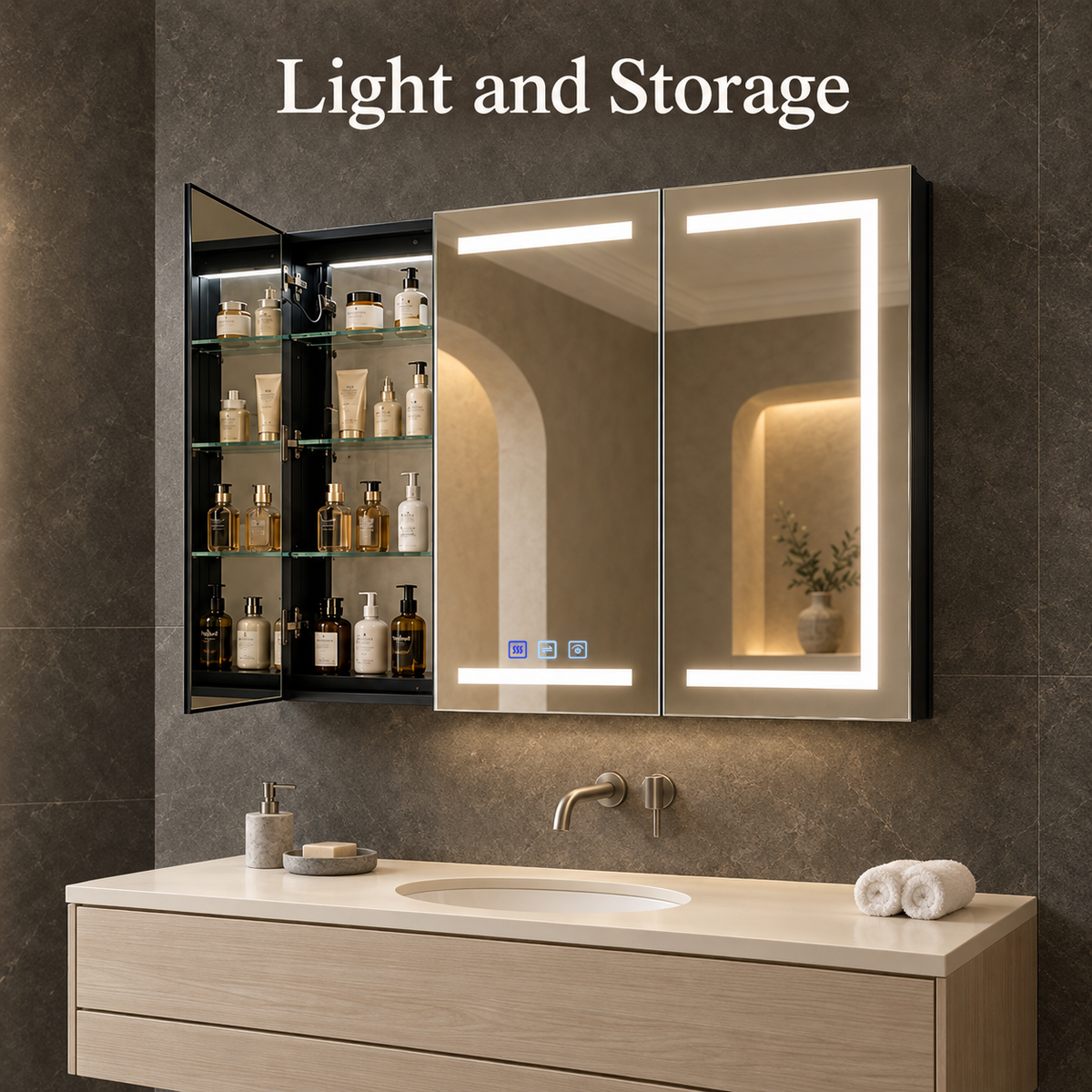 SANIKB KSJG-4028 open LED mirror cabinet with lighting and storage