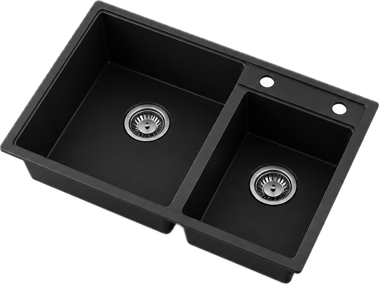 Black offset double bowl quartz composite kitchen sink with larger left basin, smaller right basin, and two faucet holes