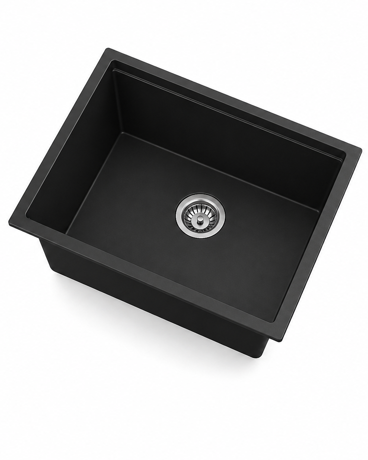 Black single bowl quartz composite sink color option with deep rectangular basin and drain