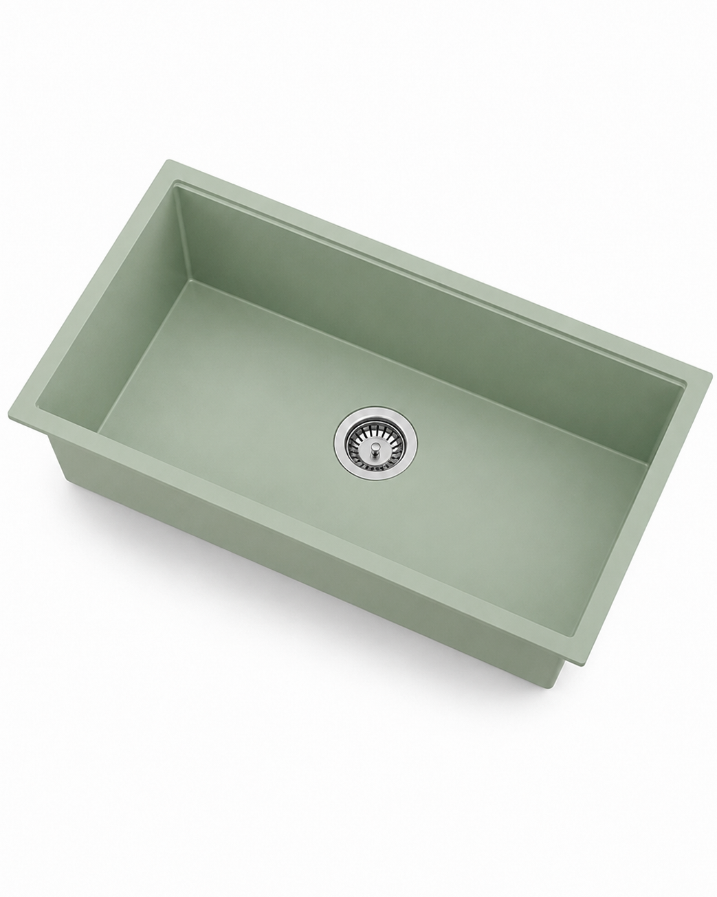 Green single bowl quartz composite kitchen sink with rectangular basin and center drain