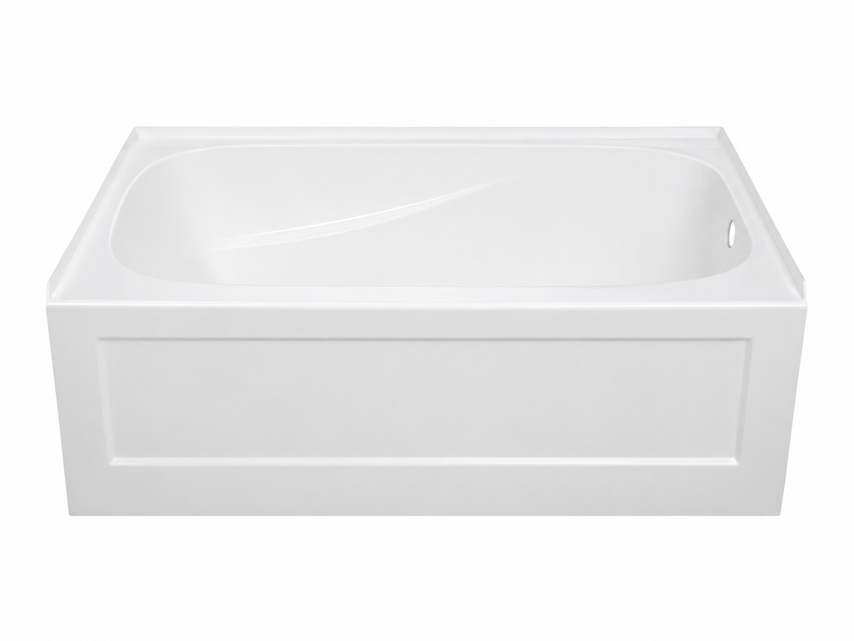 BTS6032L 60x32 skirted apron acrylic bathtub on a white background, three-quarter view showing the integrated apron front, white finish