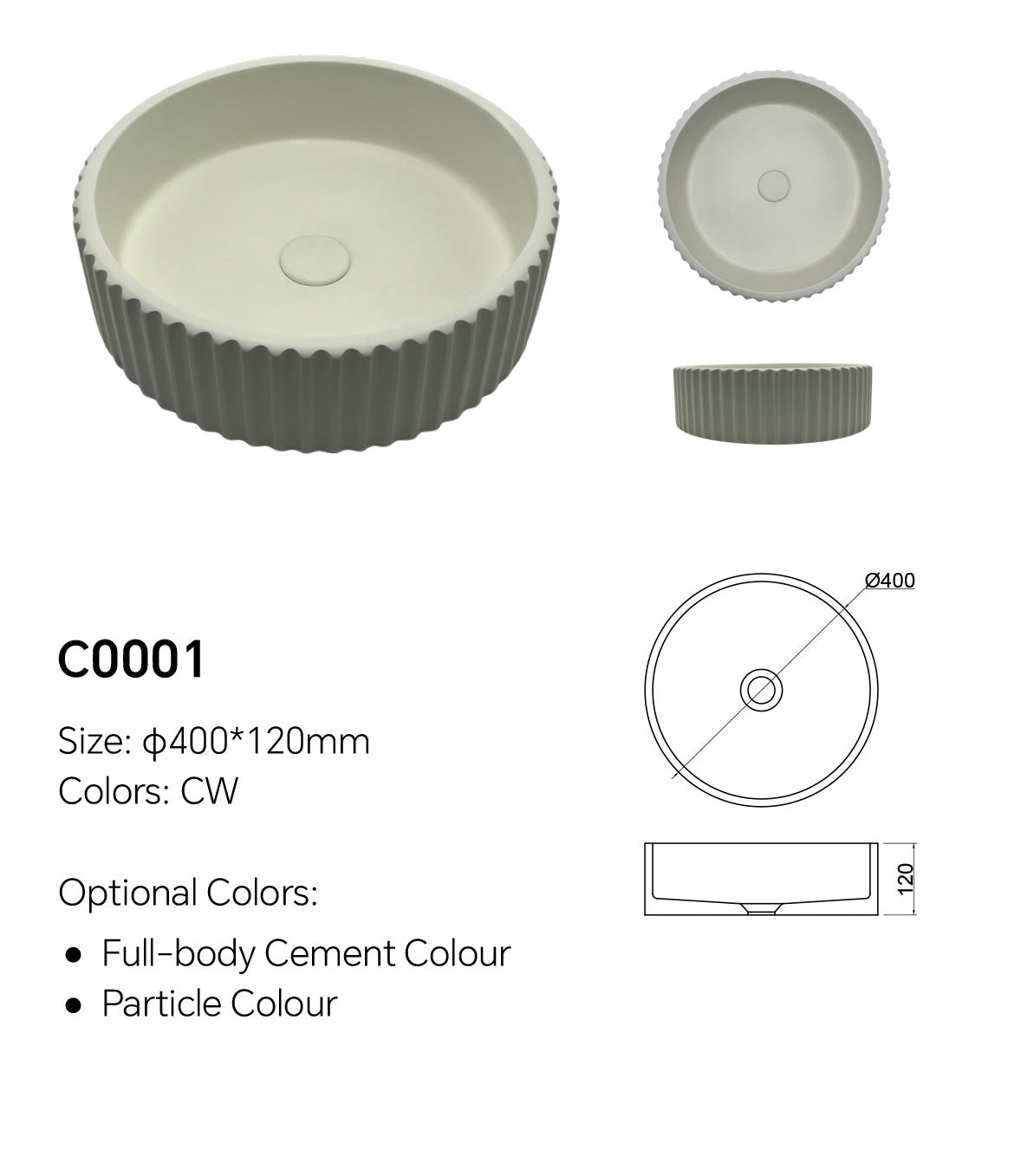 Model C0001 ribbed round concrete bathroom sink specification image showing Ø400 × 120 mm size and CW color option
