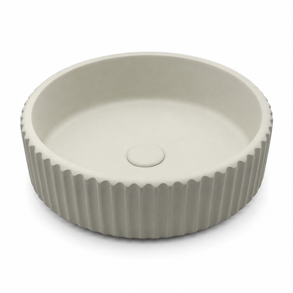 Ribbed round concrete bathroom sink Model C0001 with vertical textured exterior for OEM vanity and hotel bathroom projects