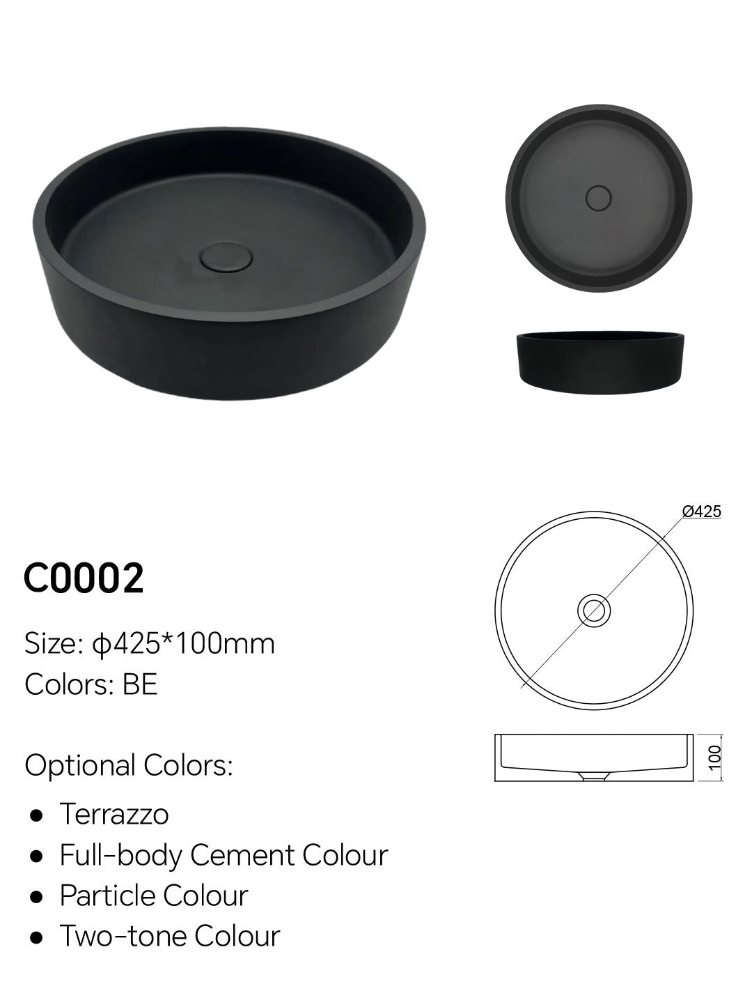 C0002 round concrete vanity sink specification diagram showing Ø425 x 100 mm size and optional color options