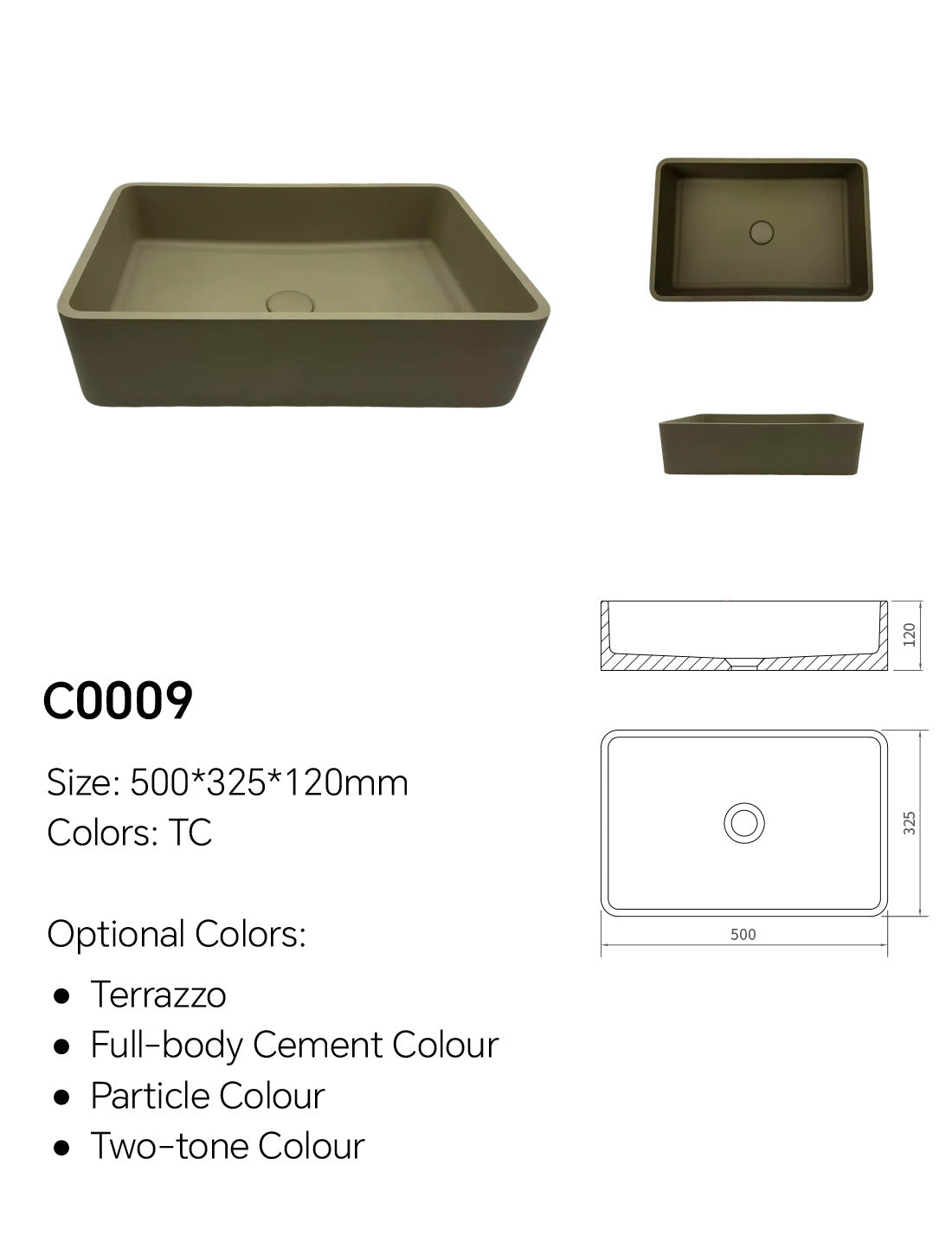 C0009 concrete laundry sink specification diagram showing 500 x 325 x 120 mm rectangular basin dimensions