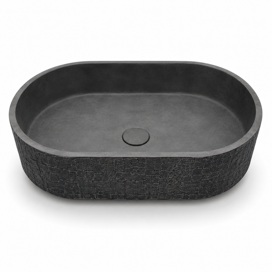 C0010 dark concrete trough sink with textured exterior and rounded rectangular vessel design for OEM bathroom projects