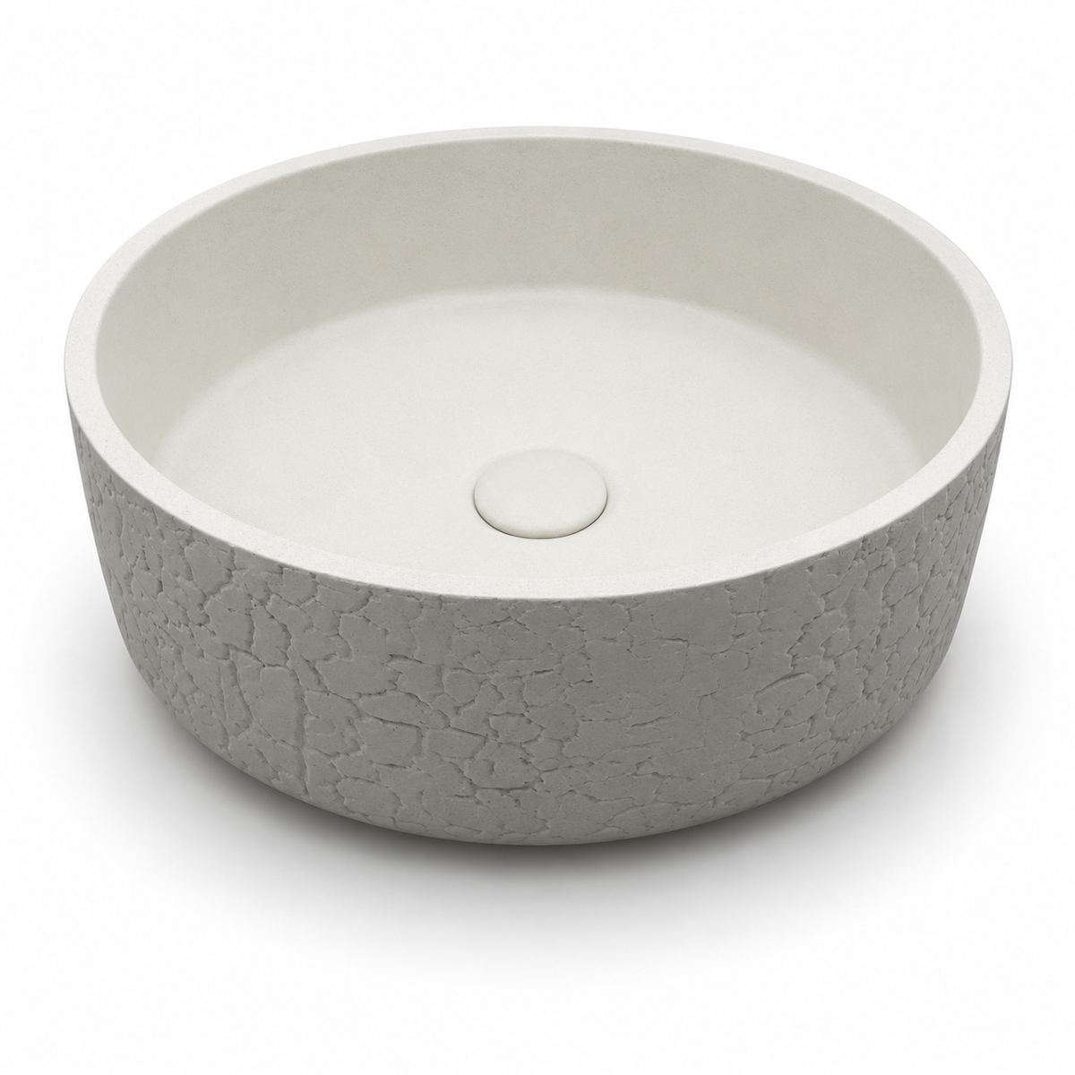 16 inch round concrete vessel sink with textured grey exterior and light interior bowl for countertop bathroom installation
