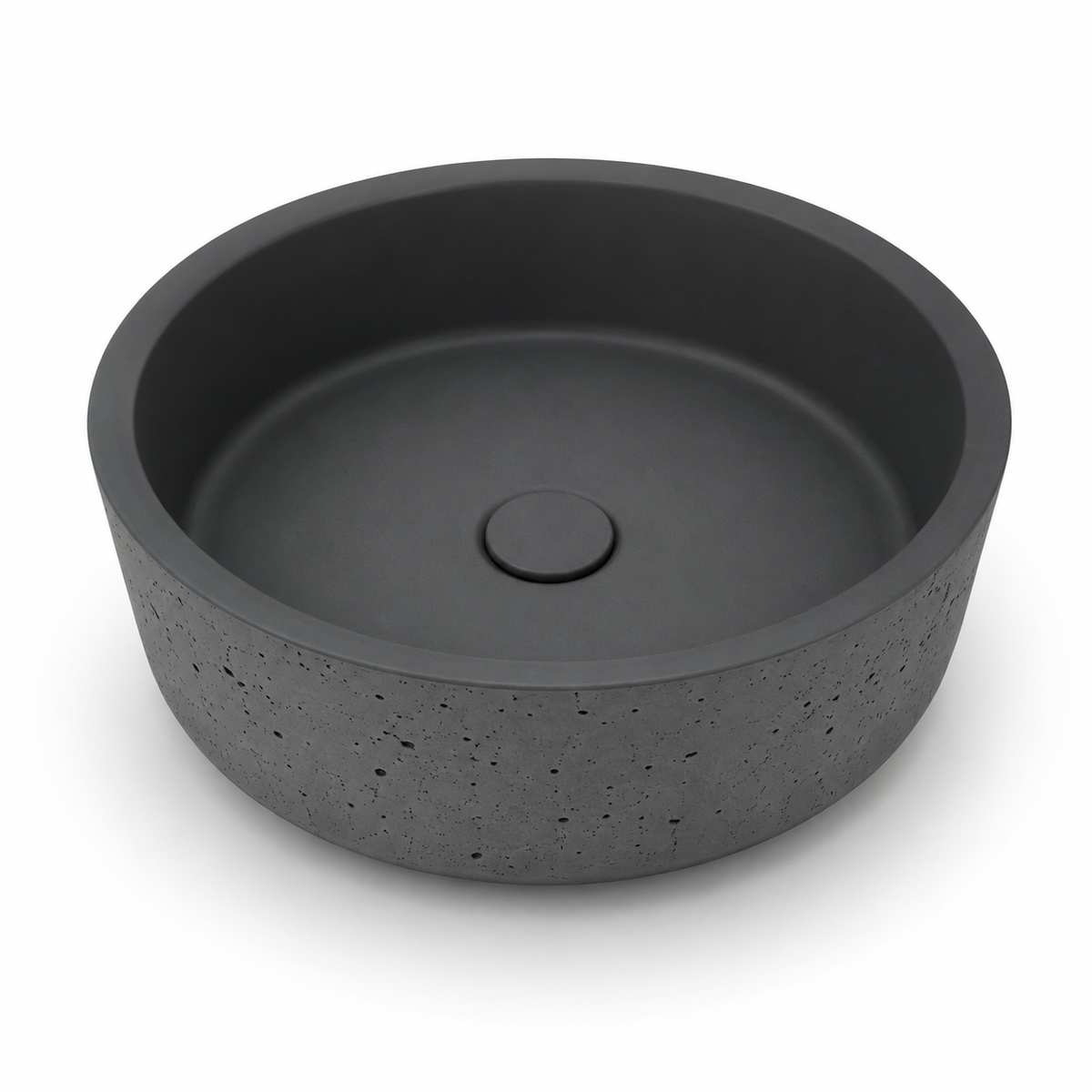 Round concrete vessel basin C0013 with KB dark concrete finish, thick rim, smooth inner bowl, and textured exterior for commercial bathroom projects