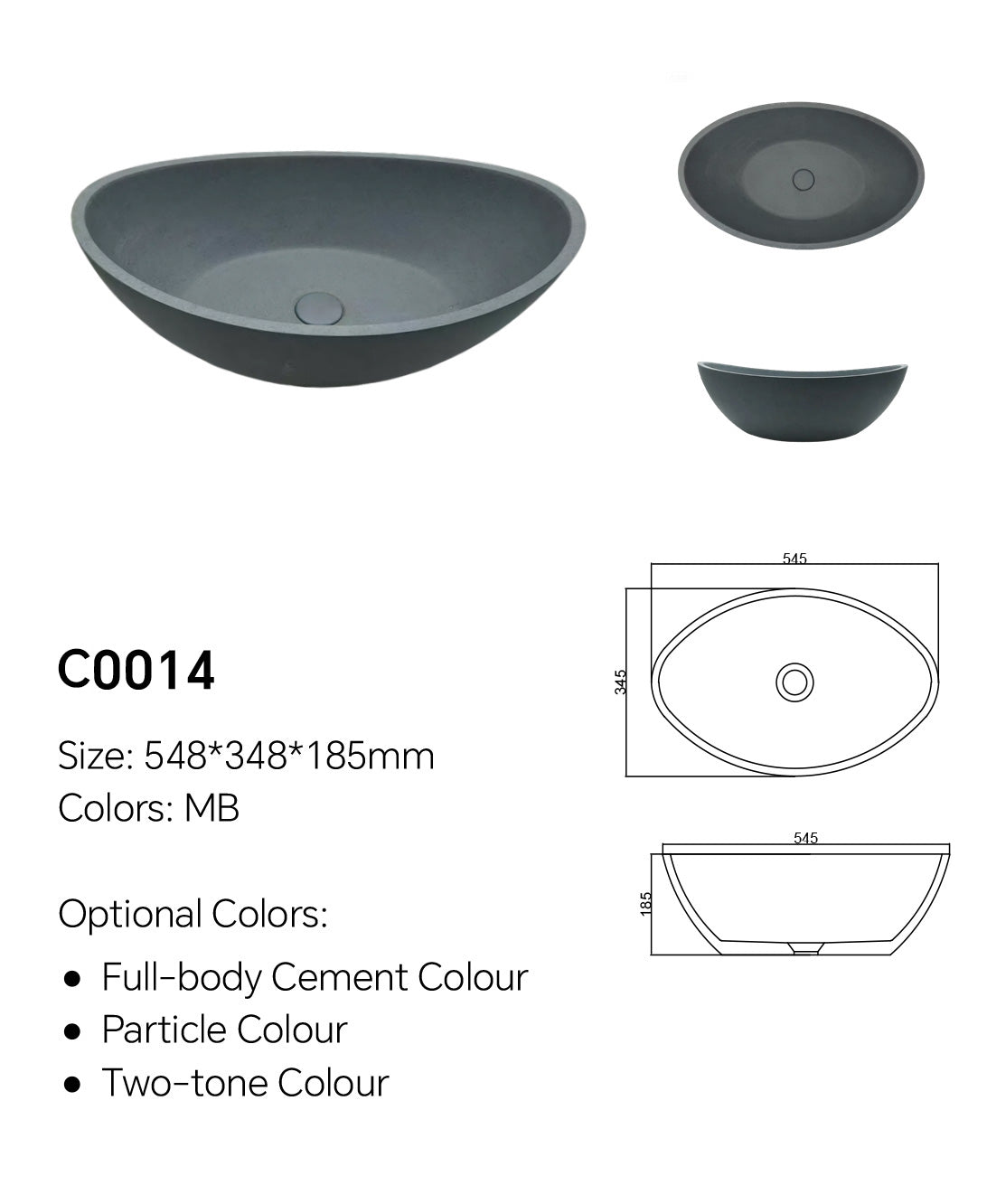 C0014 charcoal oval concrete vessel sink specification image showing 548 × 348 × 185 mm dimensions