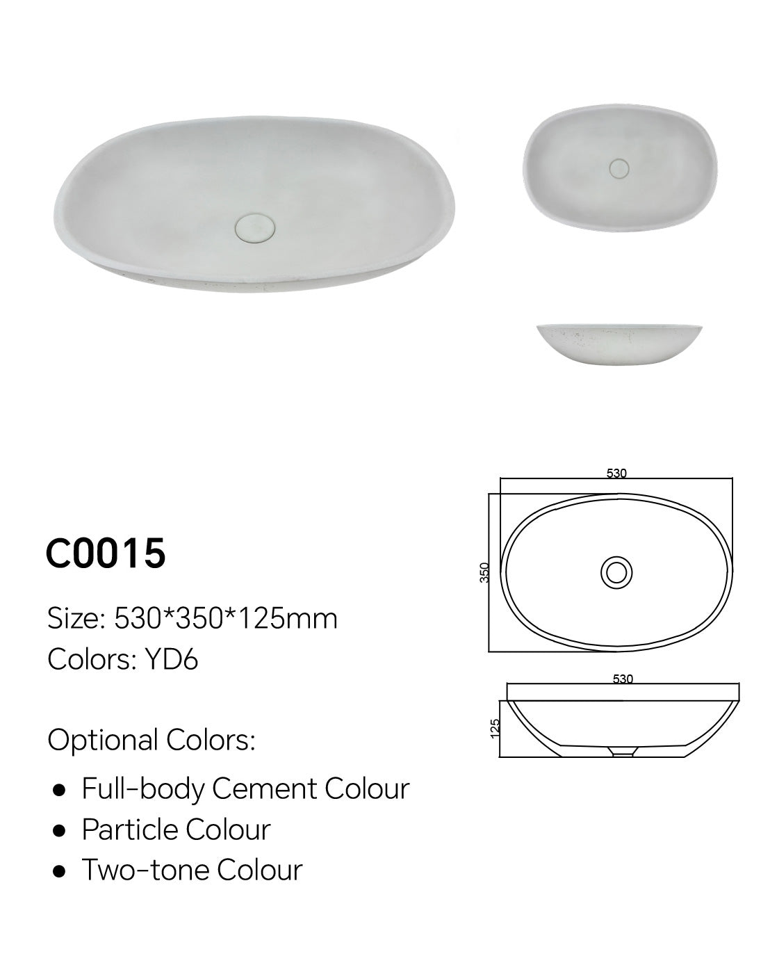 C0015 oval concrete vessel sink specification image showing 530 x 350 x 125 mm size and custom color options