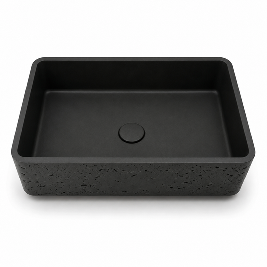 C0021 black rectangular concrete basin with textured exterior and smooth inner bowl for OEM bathroom projects