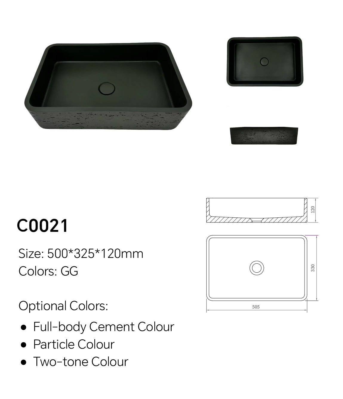 C0021 black rectangular concrete basin dimension diagram showing 500 x 325 x 120 mm countertop vessel basin size