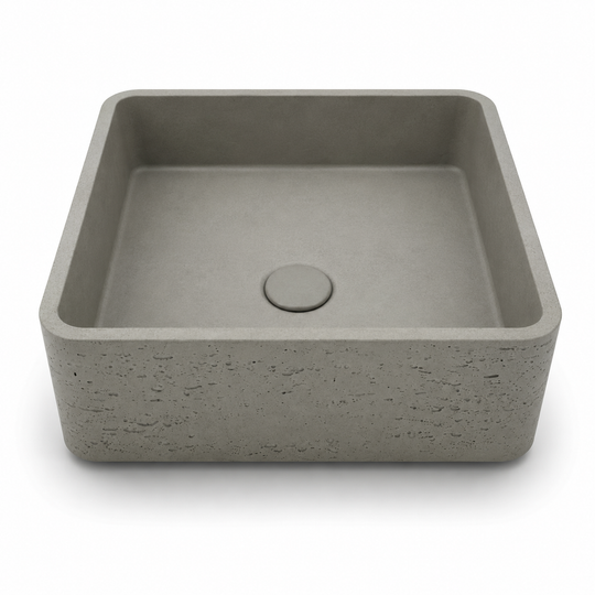 Speckled square concrete basin C0023 in GG color with textured exterior and rounded inner corners for countertop bathroom projects