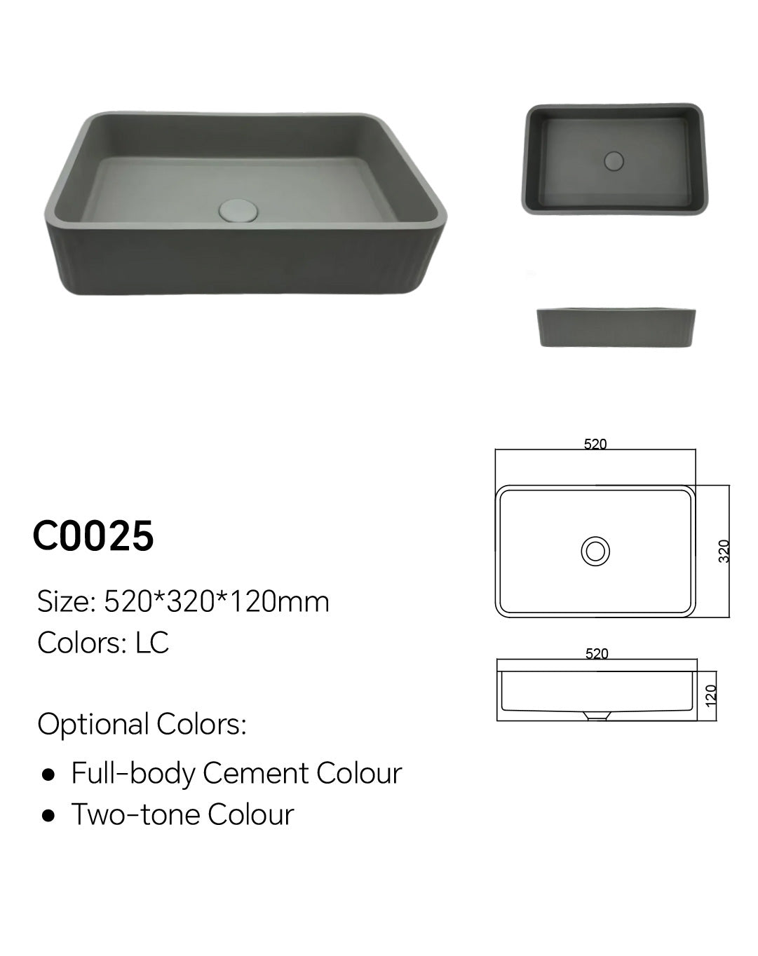C0025 rectangular concrete vanity basin specification image showing 520 × 320 × 120 mm dimensions and countertop basin structure